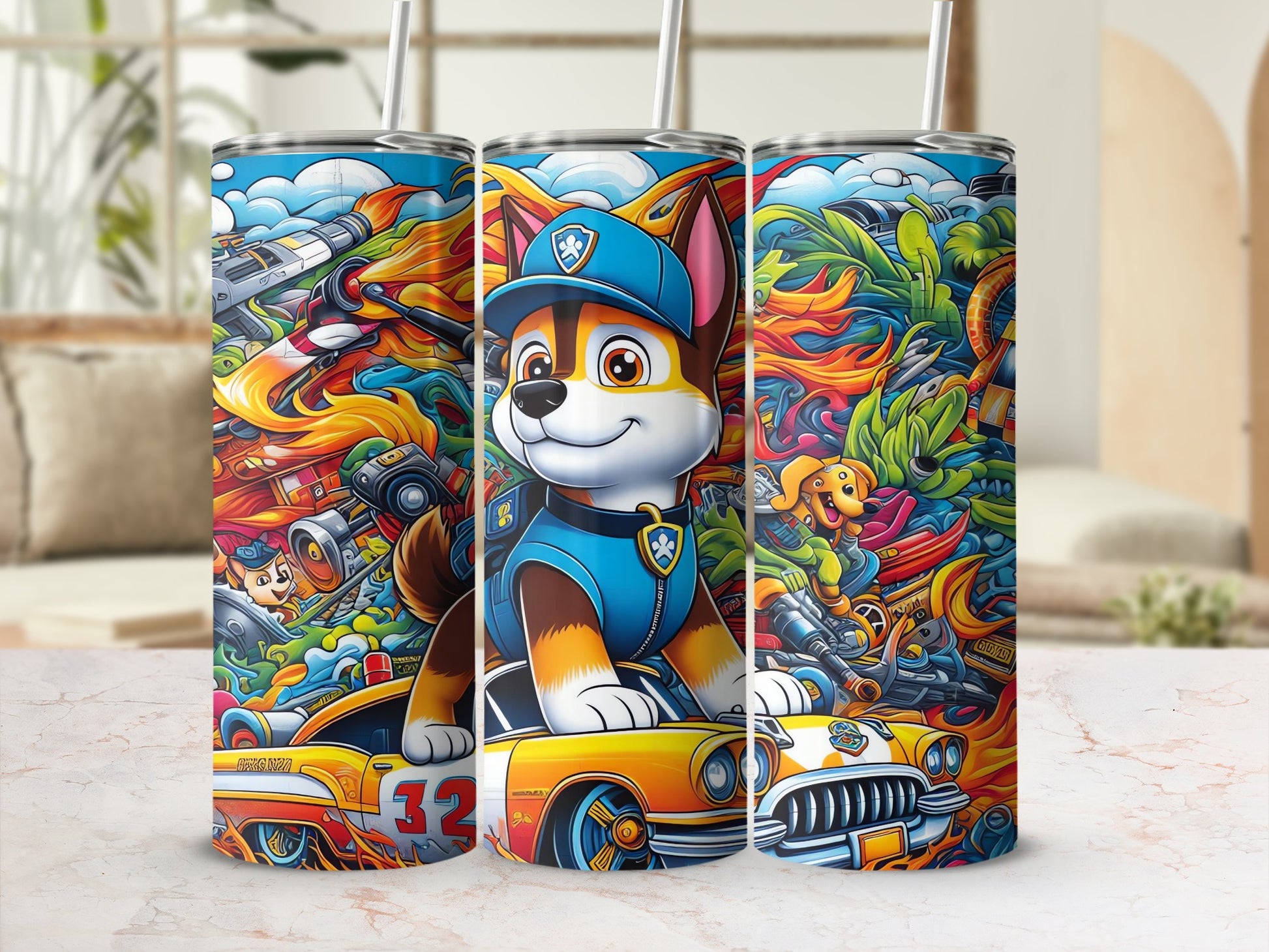 Vibrant Cartoon Vehicle and Dog Design Tumbler Cup