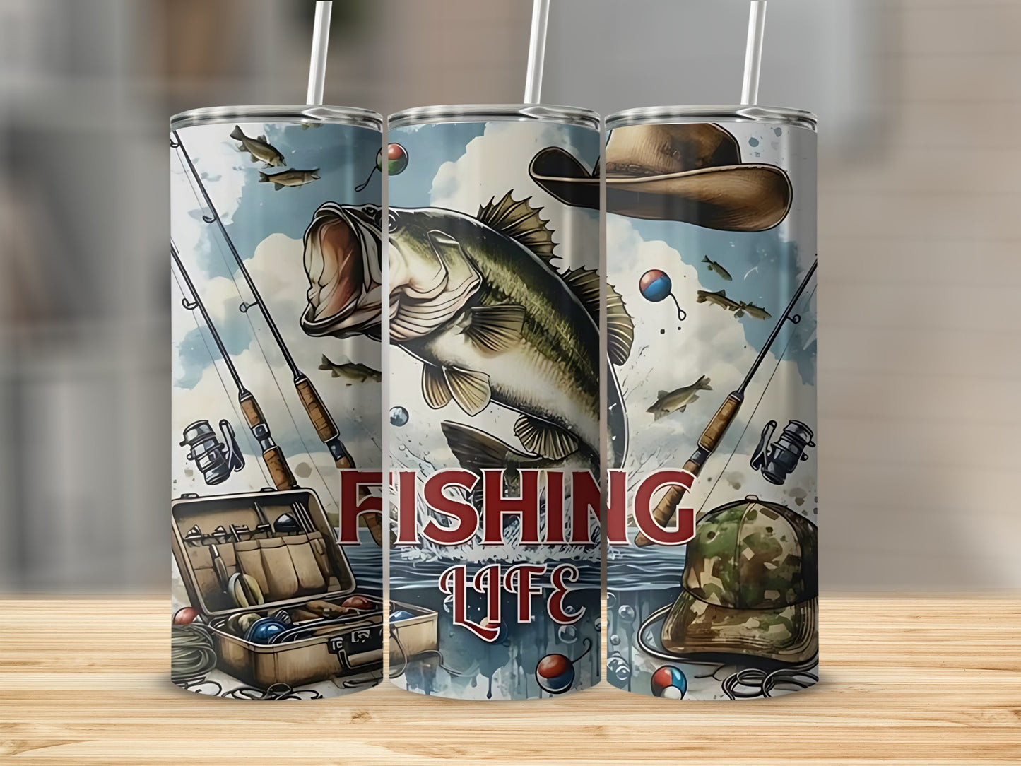 Fishing Life Rods and Gear Tumbler with Straws