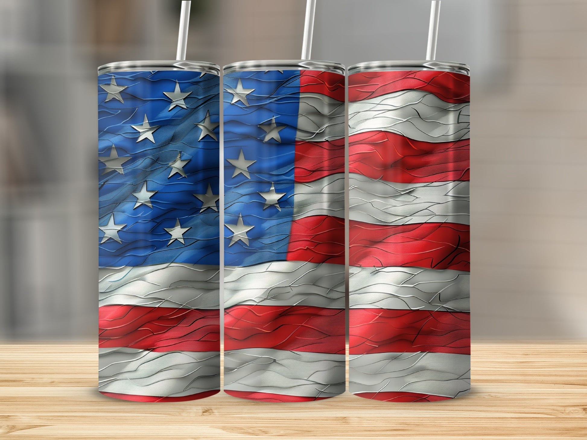 Three tumblers decorated with a distressed American flag design.