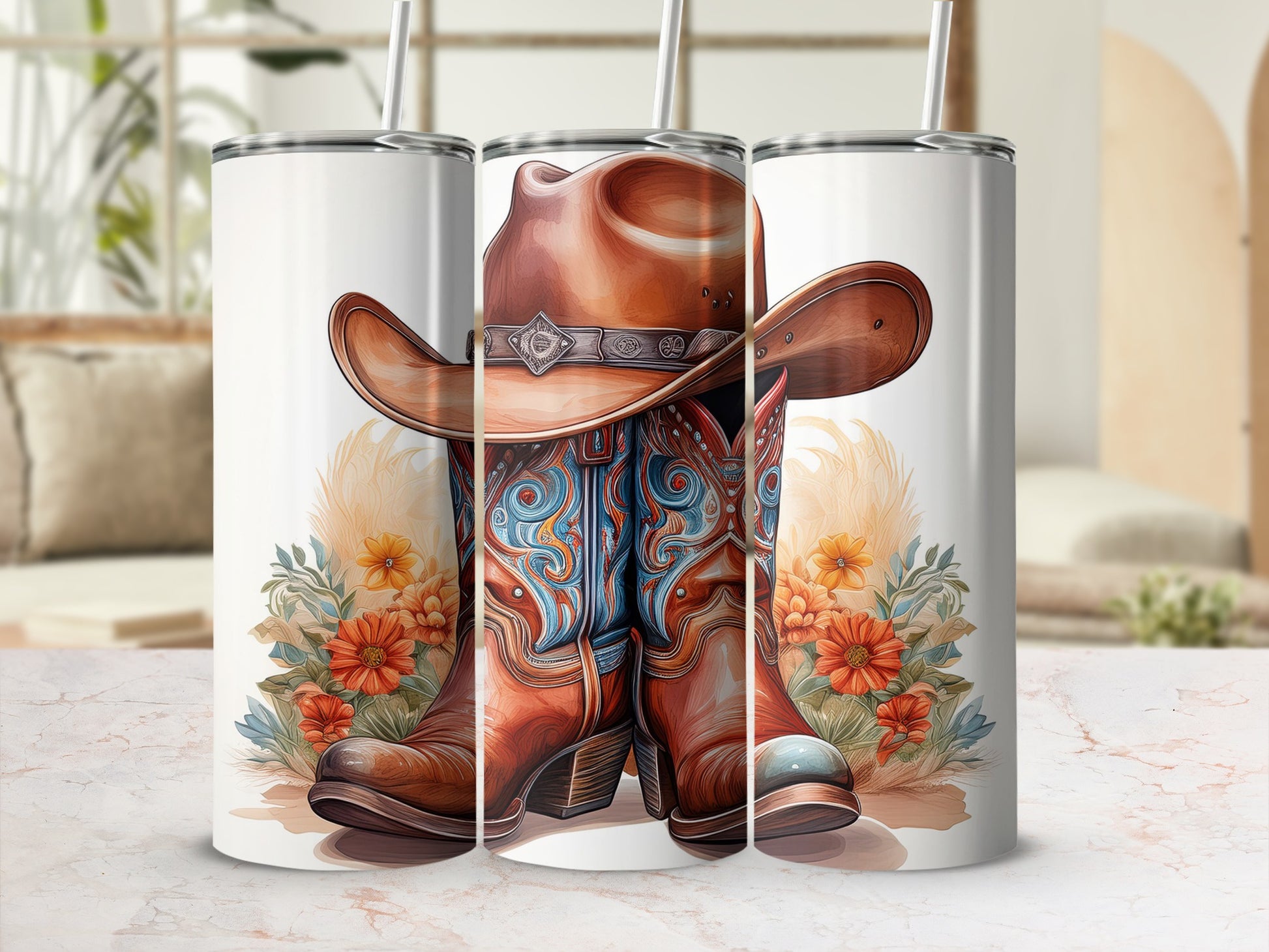 Cowboy boots and hat with floral accents on a marbled surface.
