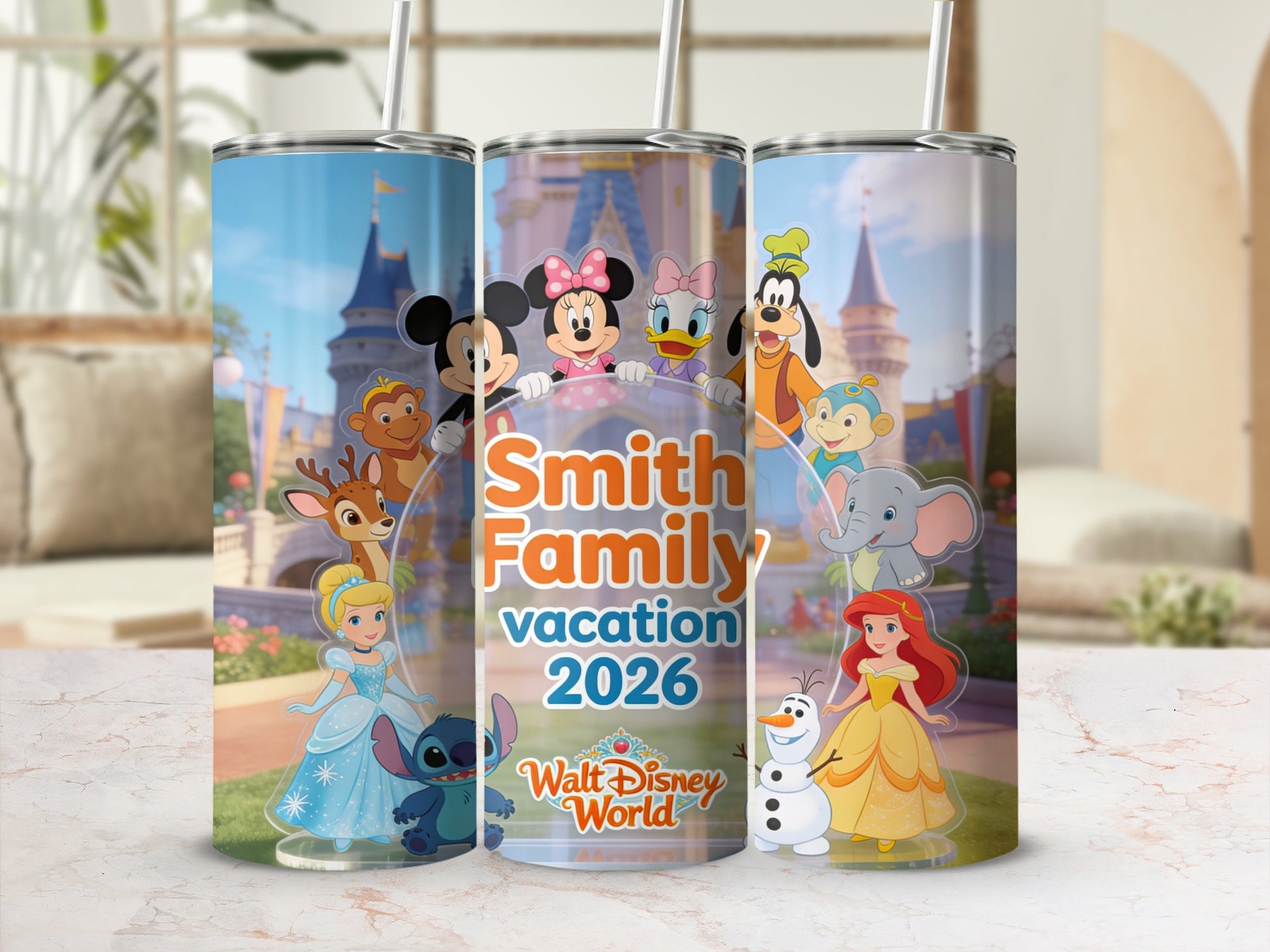 Disney characters surround "Smith Family Vacation 2026 Walt Disney World" text on a tumbler.