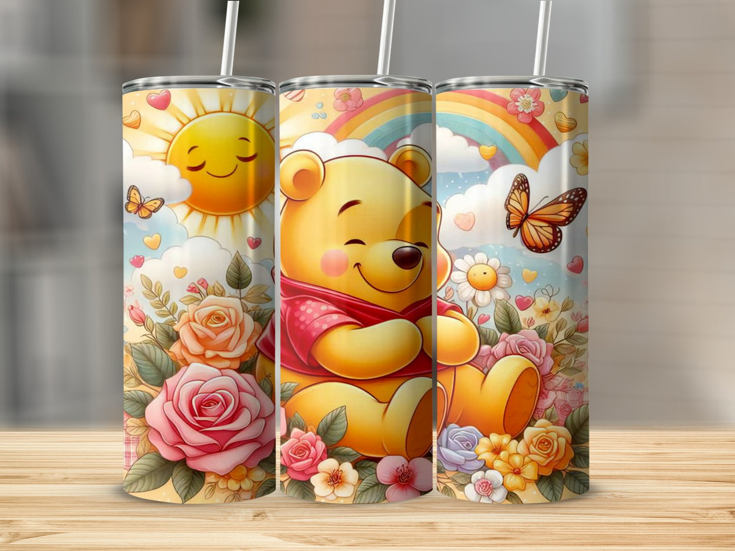 Adorable Bear and Sunshine Floral Design Straw Tumbler Product