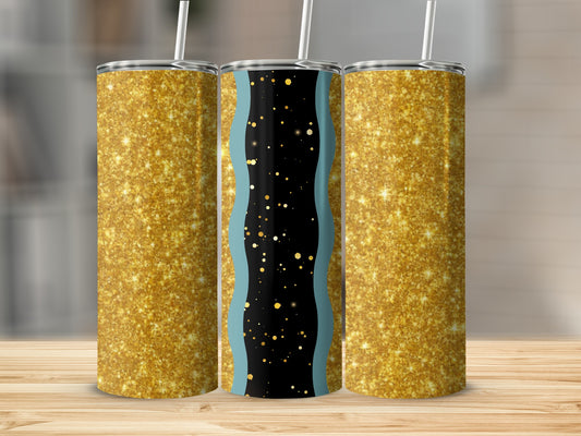Three glitter tumblers with straws, one with blue and gold accents.