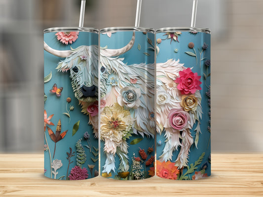 White Highland cow adorned with floral and butterfly embellishments on a teal background.