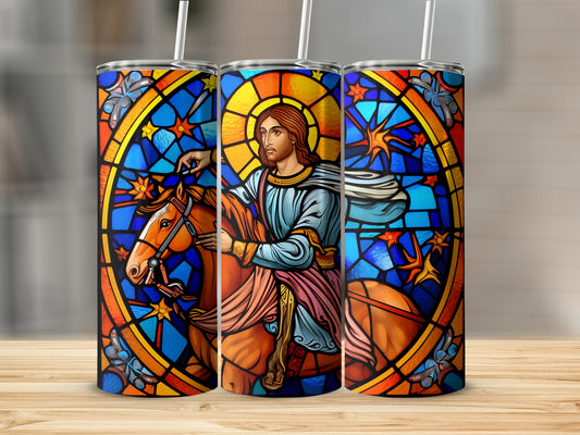 Stained glass tumbler with Jesus riding a horse.
