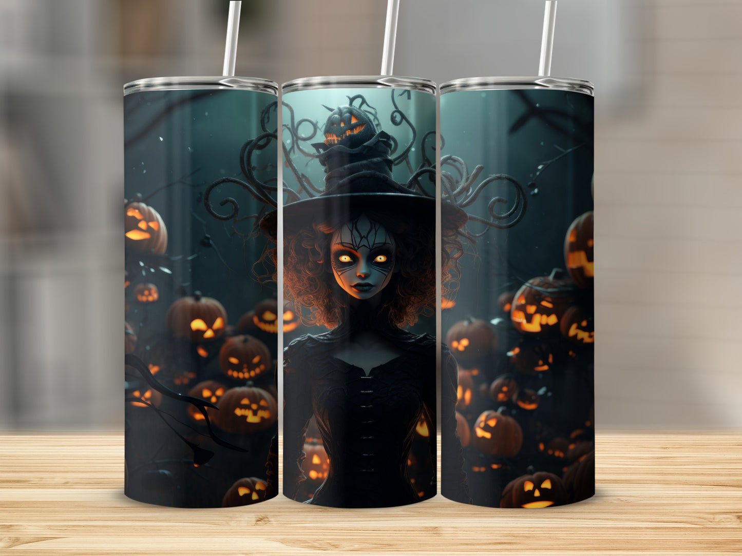 A dark witch with glowing eyes and a jack-o'-lantern hat surrounded by pumpkins.