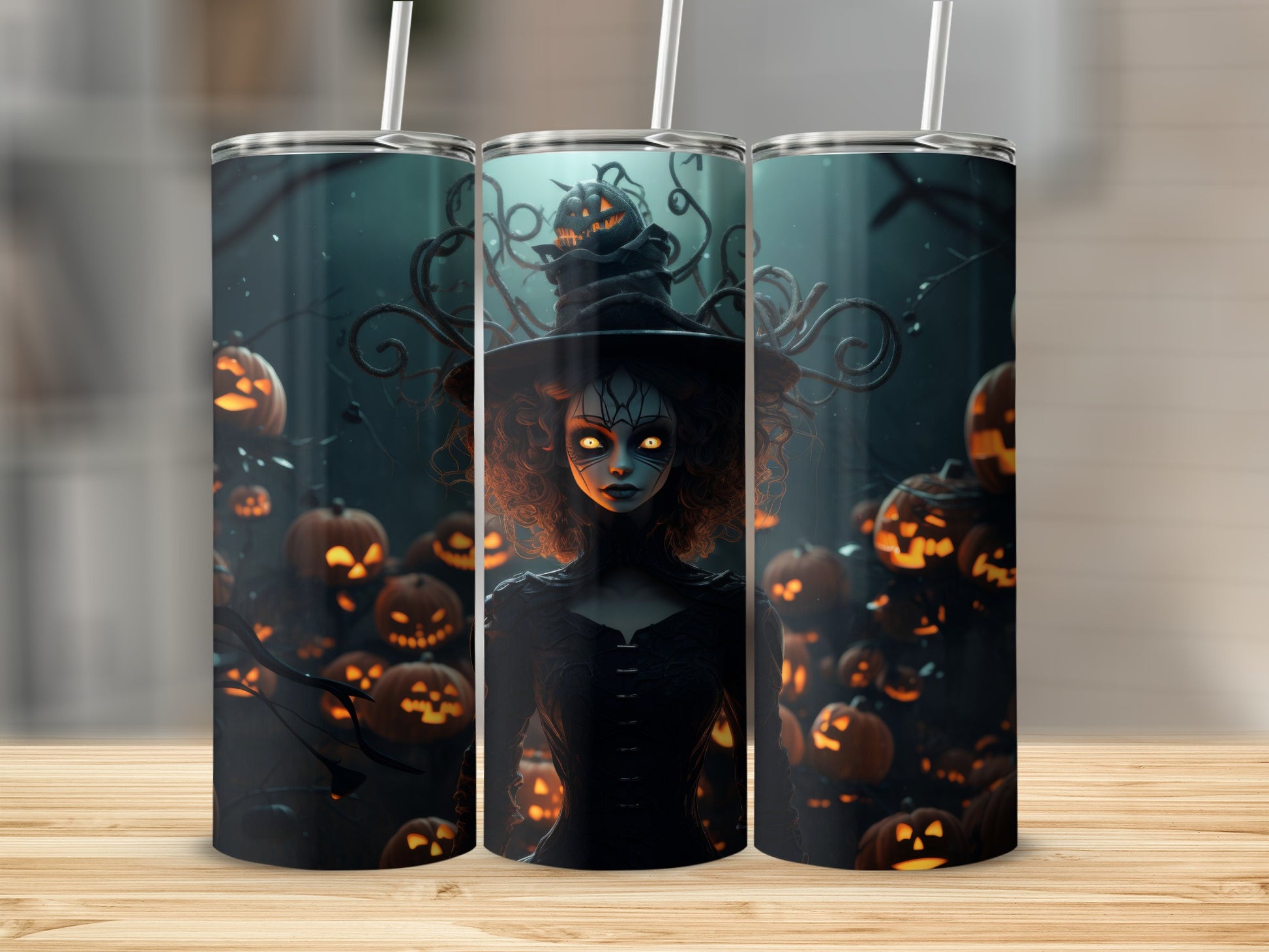 A dark witch with glowing eyes and a jack-o'-lantern hat surrounded by pumpkins.