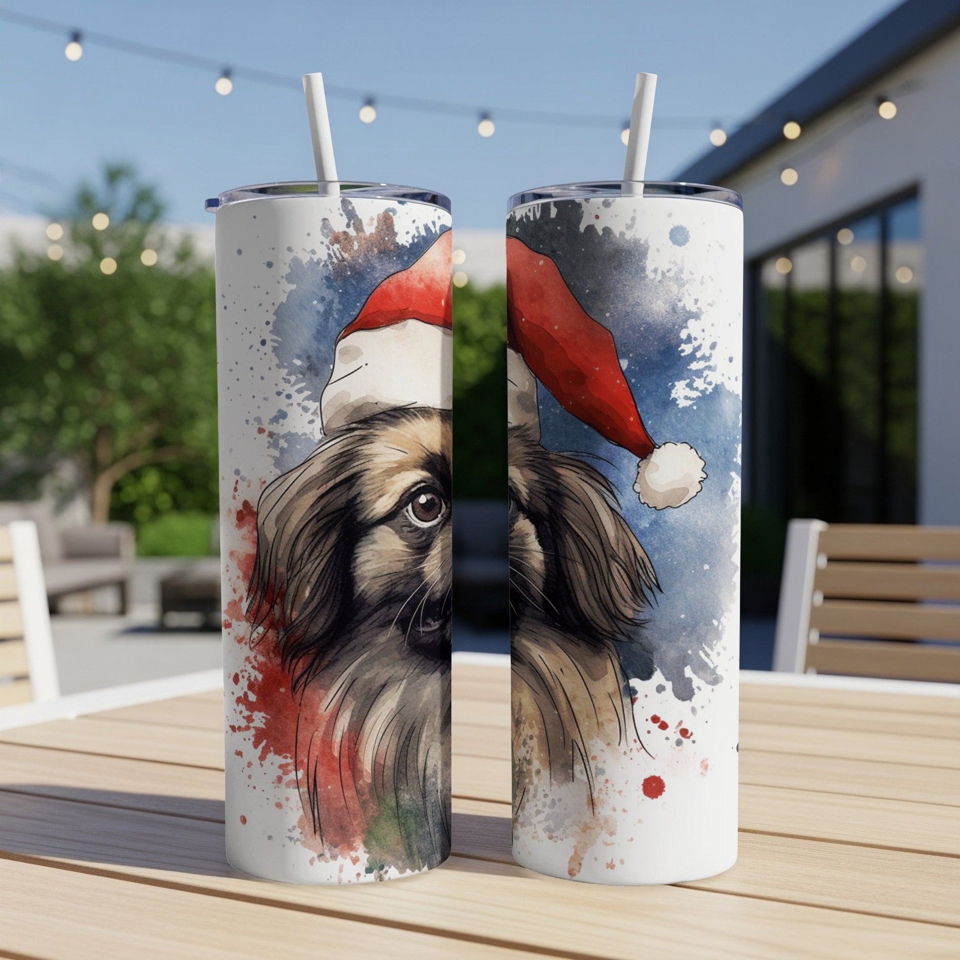 Dog wearing a Santa hat, watercolor art on a skinny tumbler.