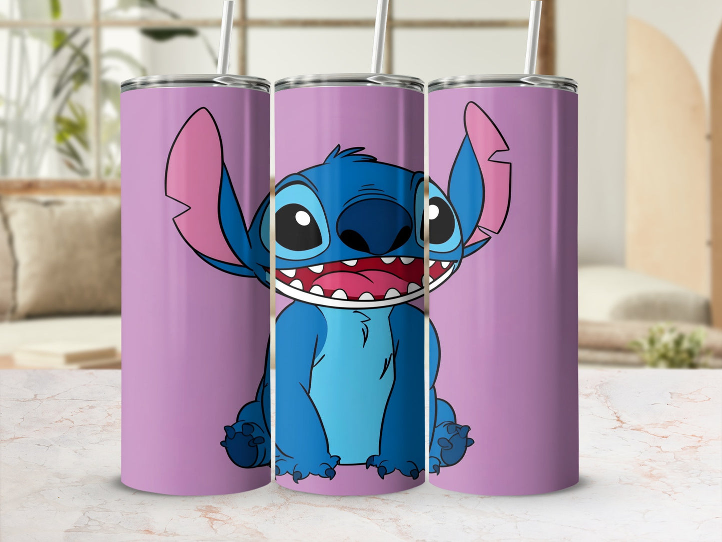Three purple tumblers featuring Stitch from Lilo & Stitch, open mouth, straw inserted.