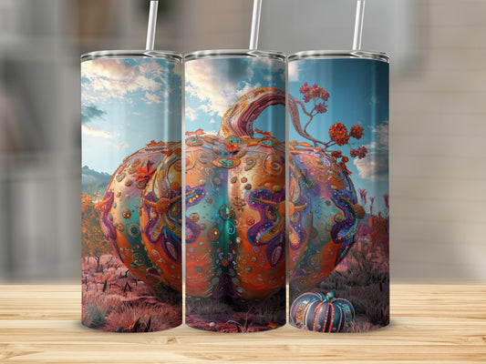 Three tumblers featuring a vibrant, ornate pumpkin against a fantastical landscape.