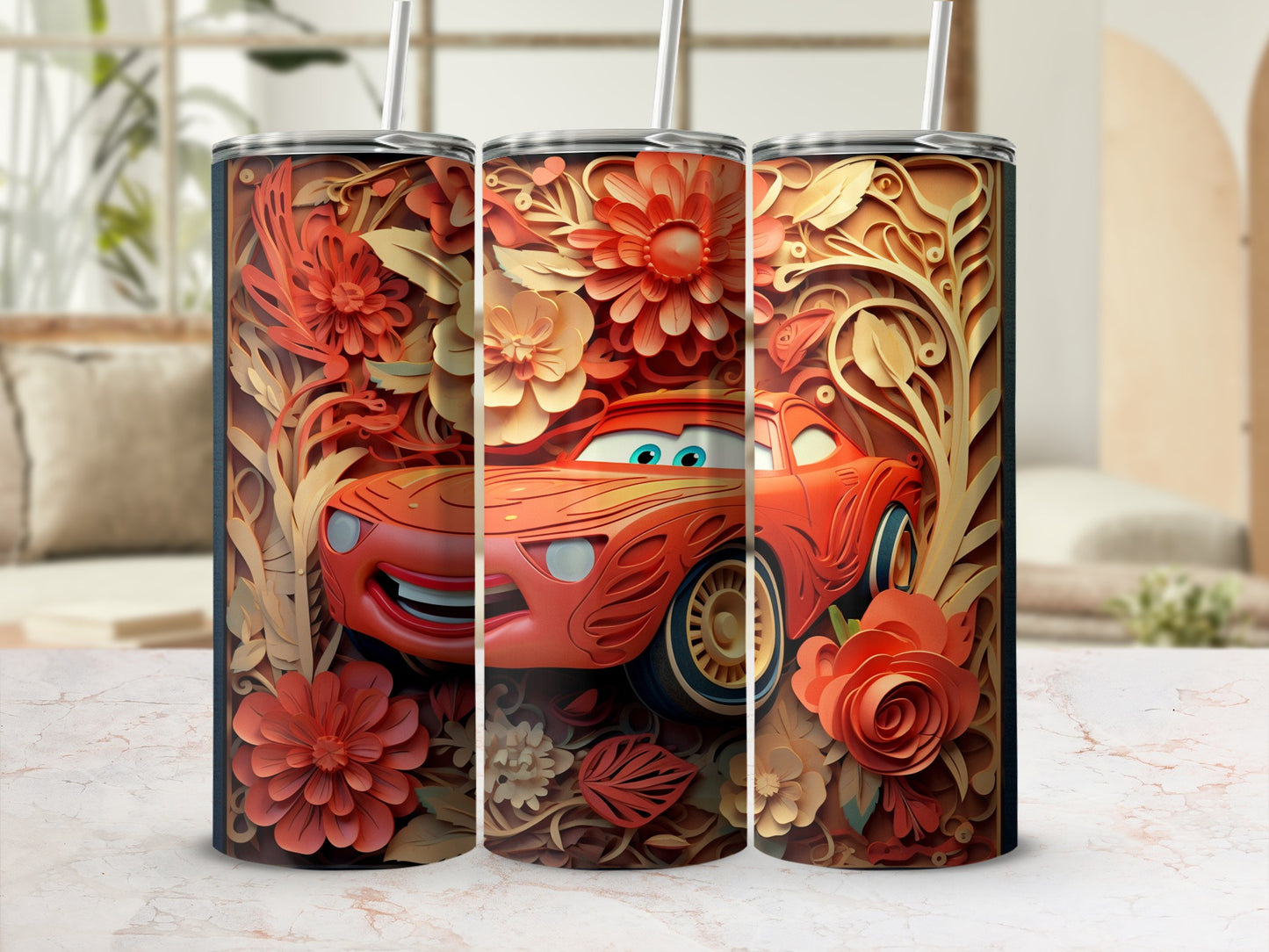 Colorful Floral Car Design Tumbler with Straw