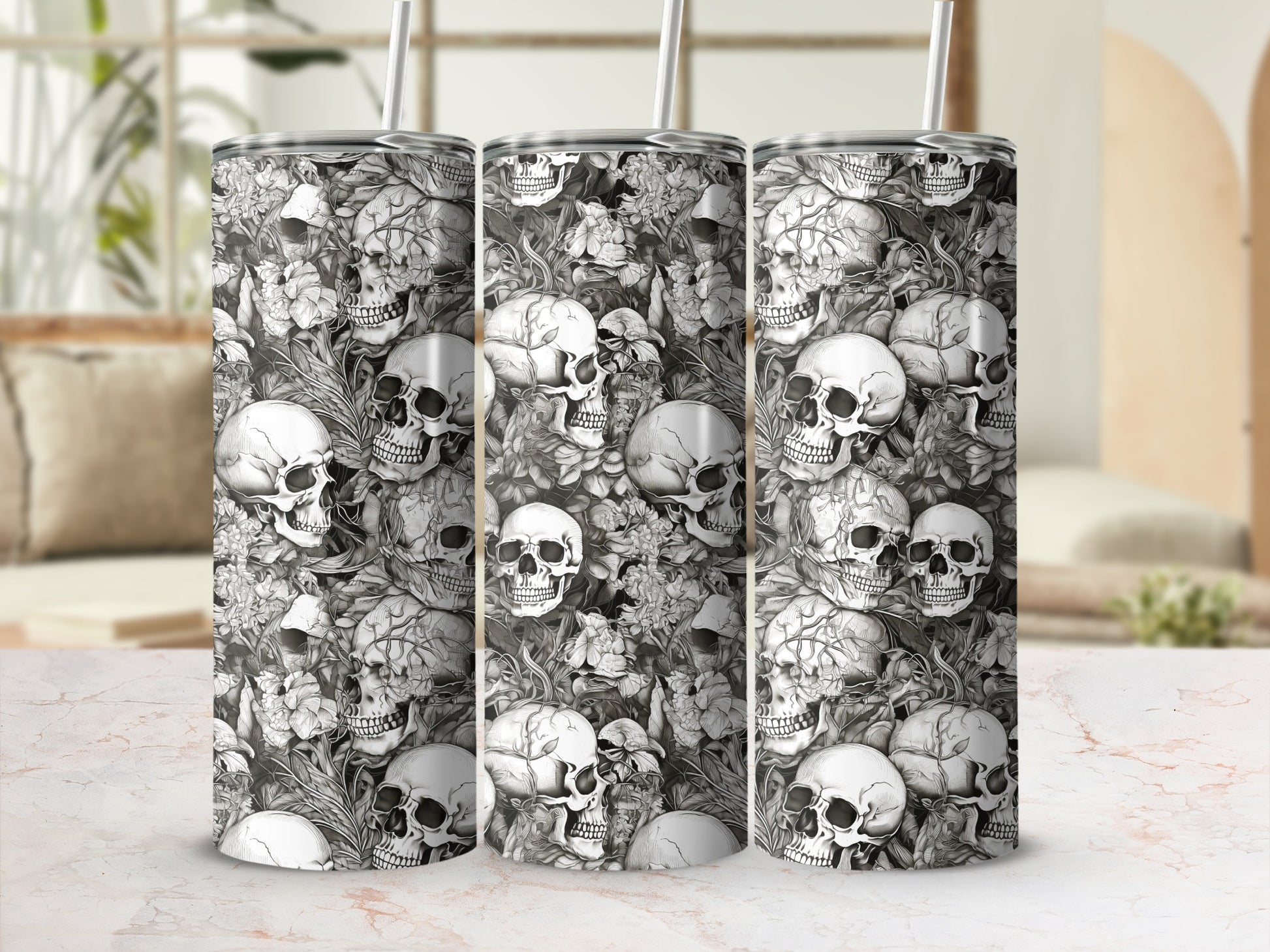 Monochromatic skull and floral pattern on a tumbler.