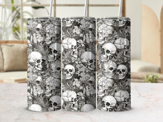 Monochromatic skull and floral pattern on a tumbler.