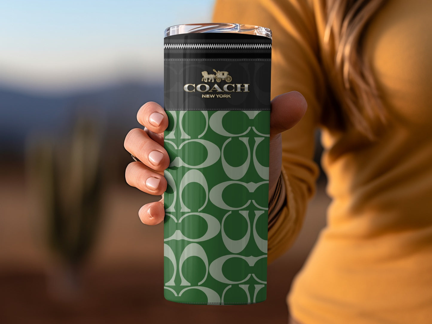 Coach New York Green Patterned Tumbler Travel Mug