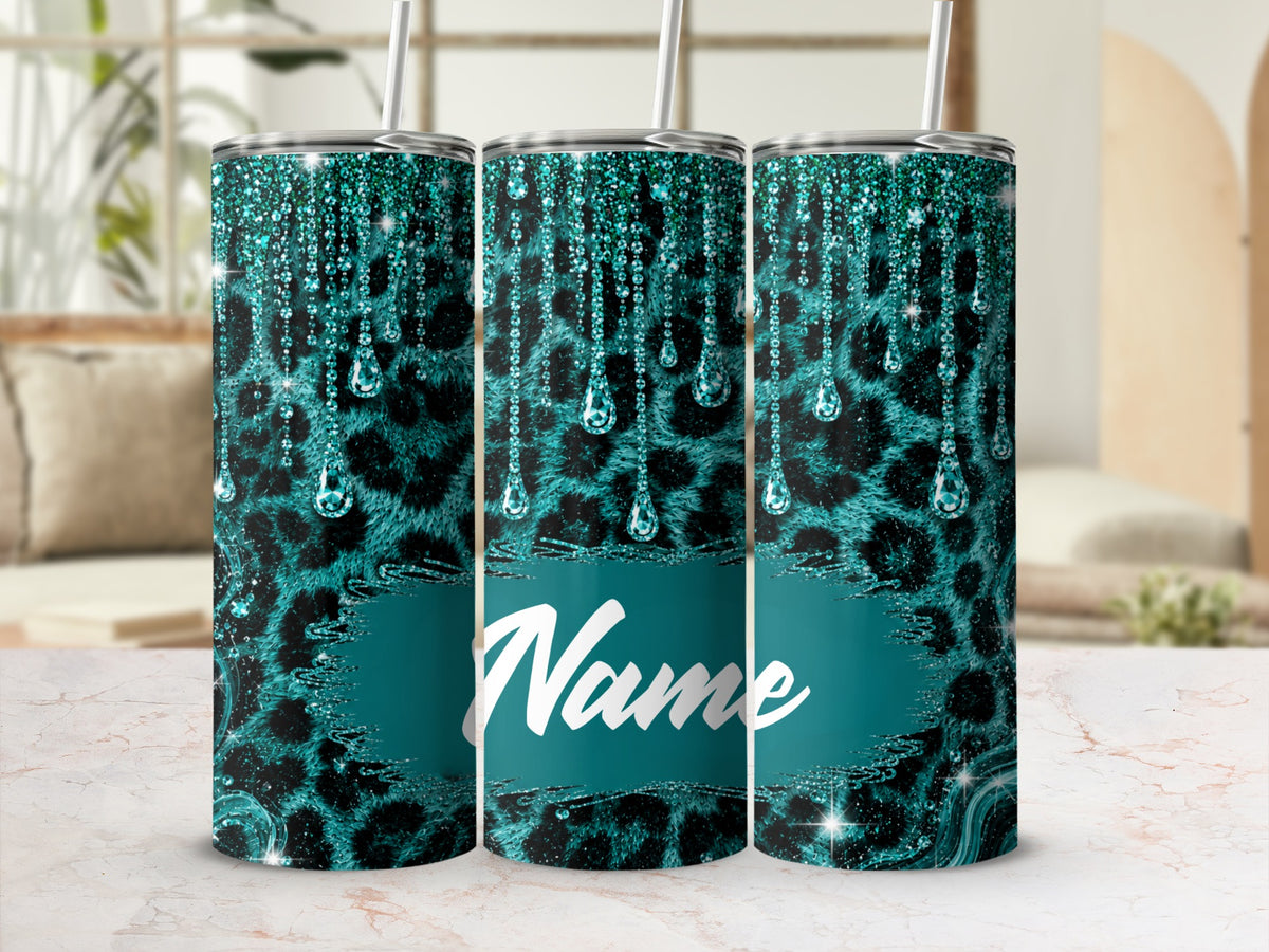 Three teal tumblers with leopard print and dripping glitter designs.