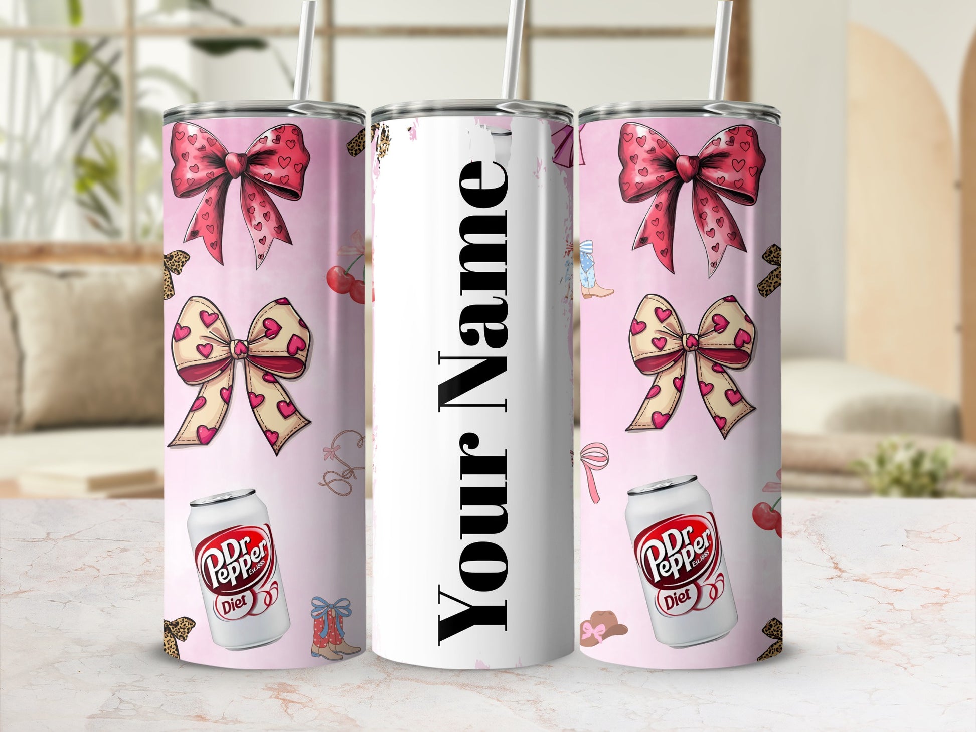 Personalized Dr Pepper Themed Tumbler with Bows