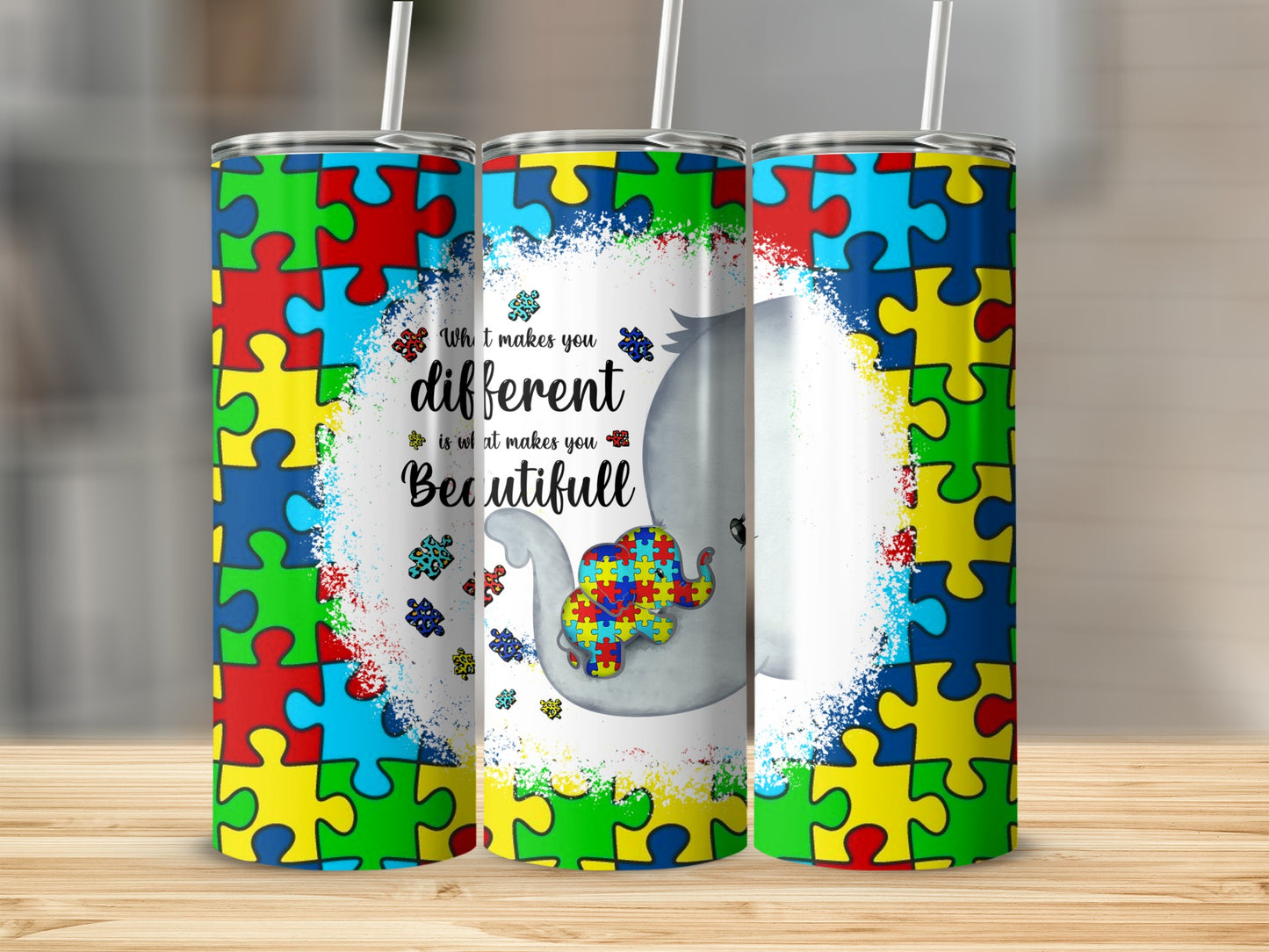 Elephant with puzzle pieces and text "What makes you different is what makes you beautiful".