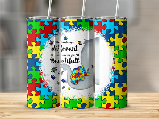 Elephant with puzzle pieces and text "What makes you different is what makes you beautiful".