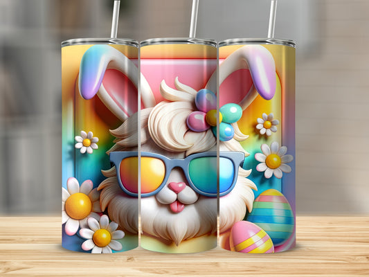 Easter bunny with sunglasses and rainbow background on a tumbler.
