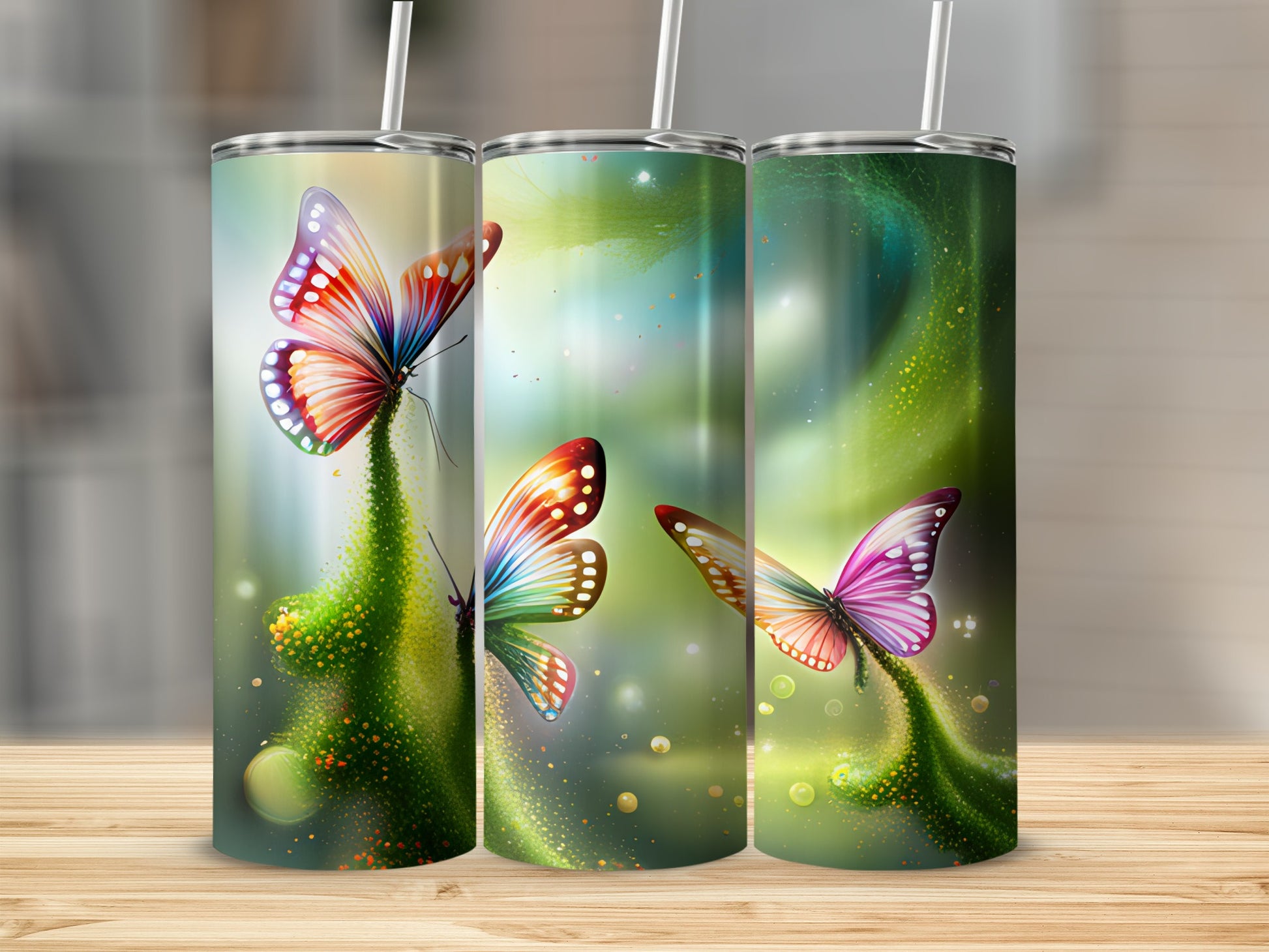 Three tumblers featuring colorful butterflies on glowing green stems.
