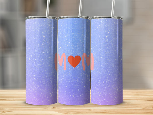Three tumblers with a purple and blue gradient and red heart design.