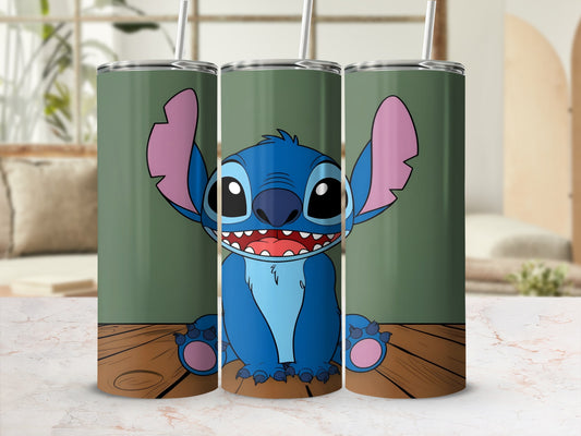 Cartoon Stitch character on three tumblers with straws.