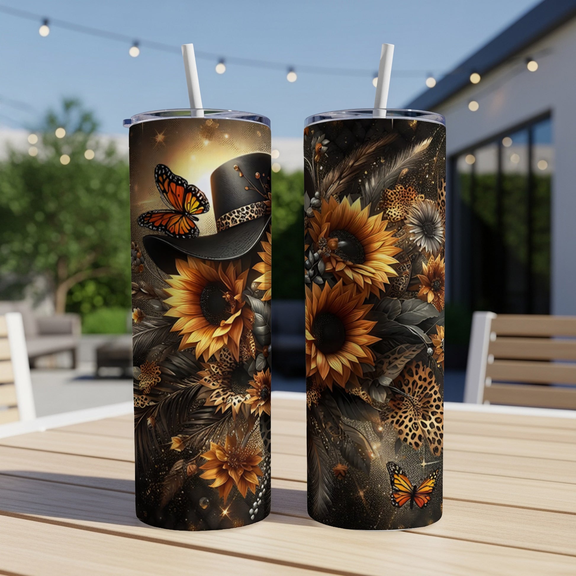 Two tumblers with sunflower, butterfly, and leopard print designs.