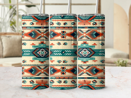 Tapered tumbler with a Southwestern geometric pattern in cream, teal, and rust.