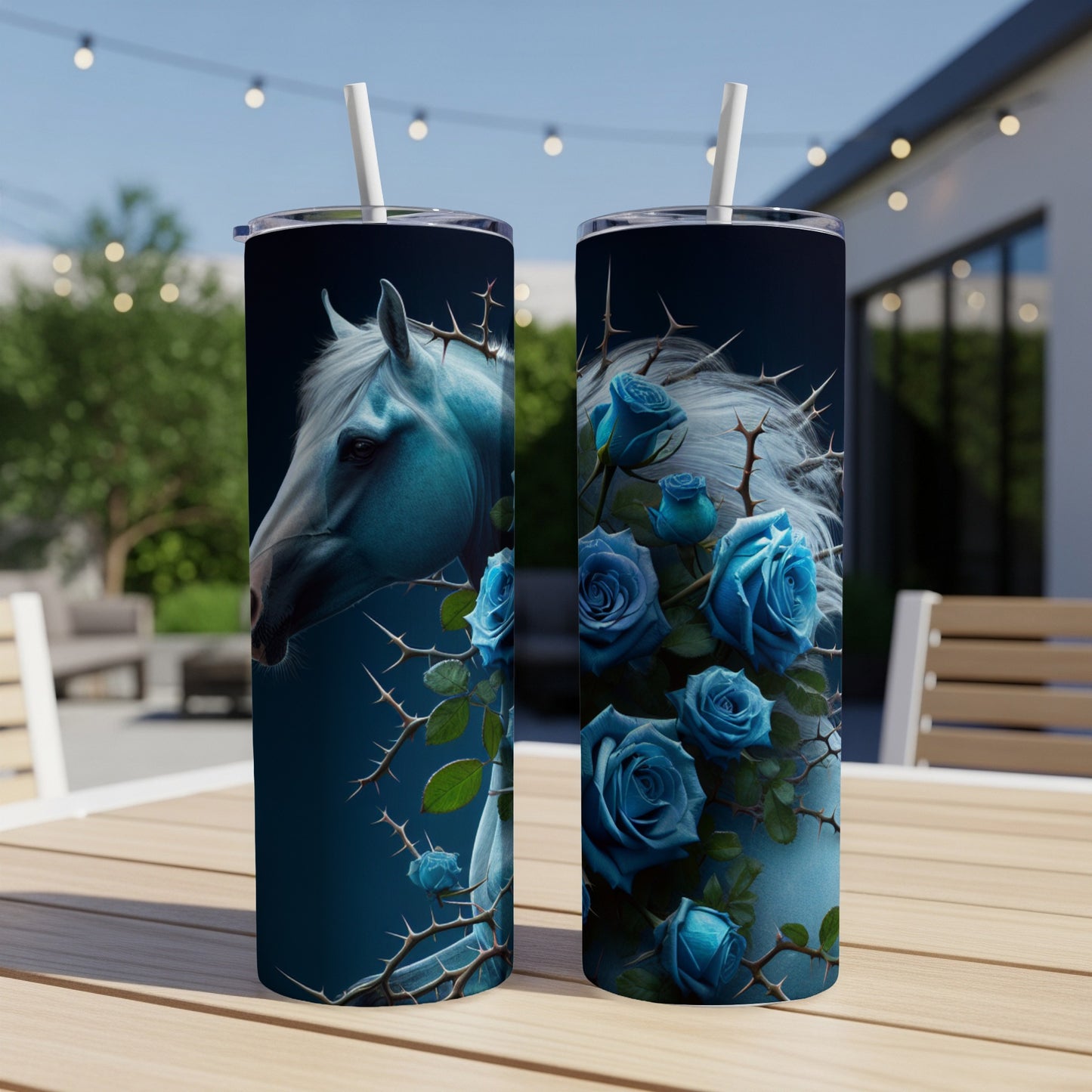 Blue horse with thorns and roses on a dark background.