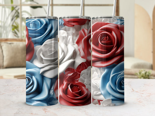 Three stainless steel tumblers with red, white, and blue rose floral design.
