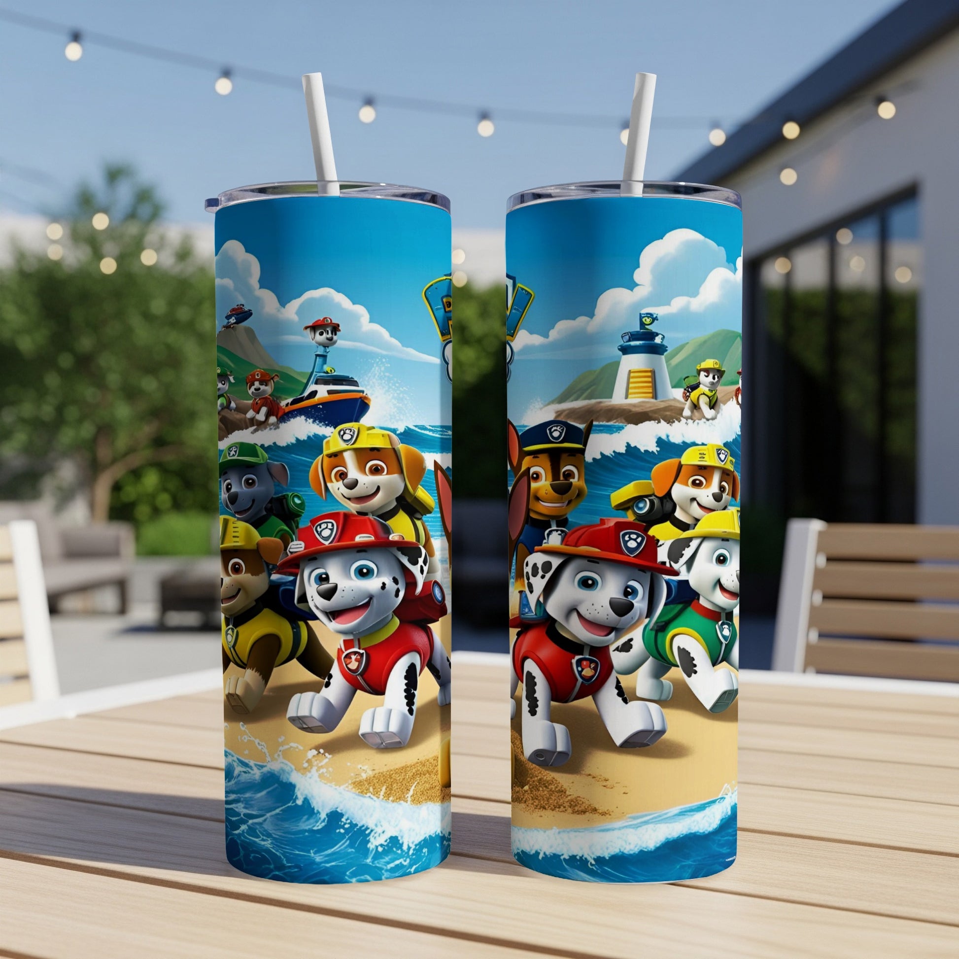 Paw Patrol characters on a beach with a lighthouse.