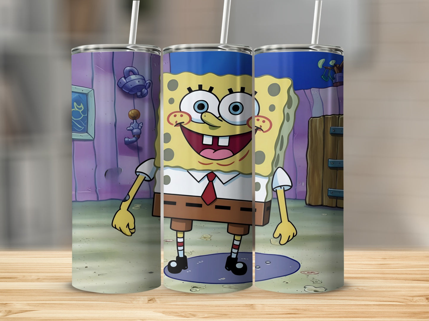 SpongeBob SquarePants character on a tumbler, standing in a cartoon kitchen.