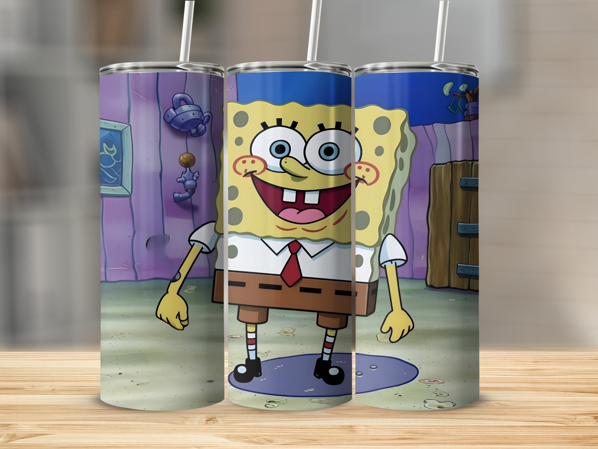 SpongeBob SquarePants character on a tumbler, standing in a cartoon kitchen.