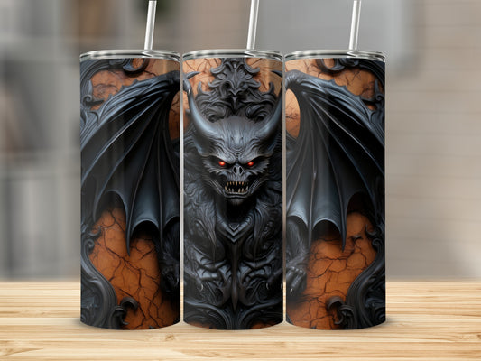 Three tumblers with a detailed dark dragon design on an orange, cracked background.