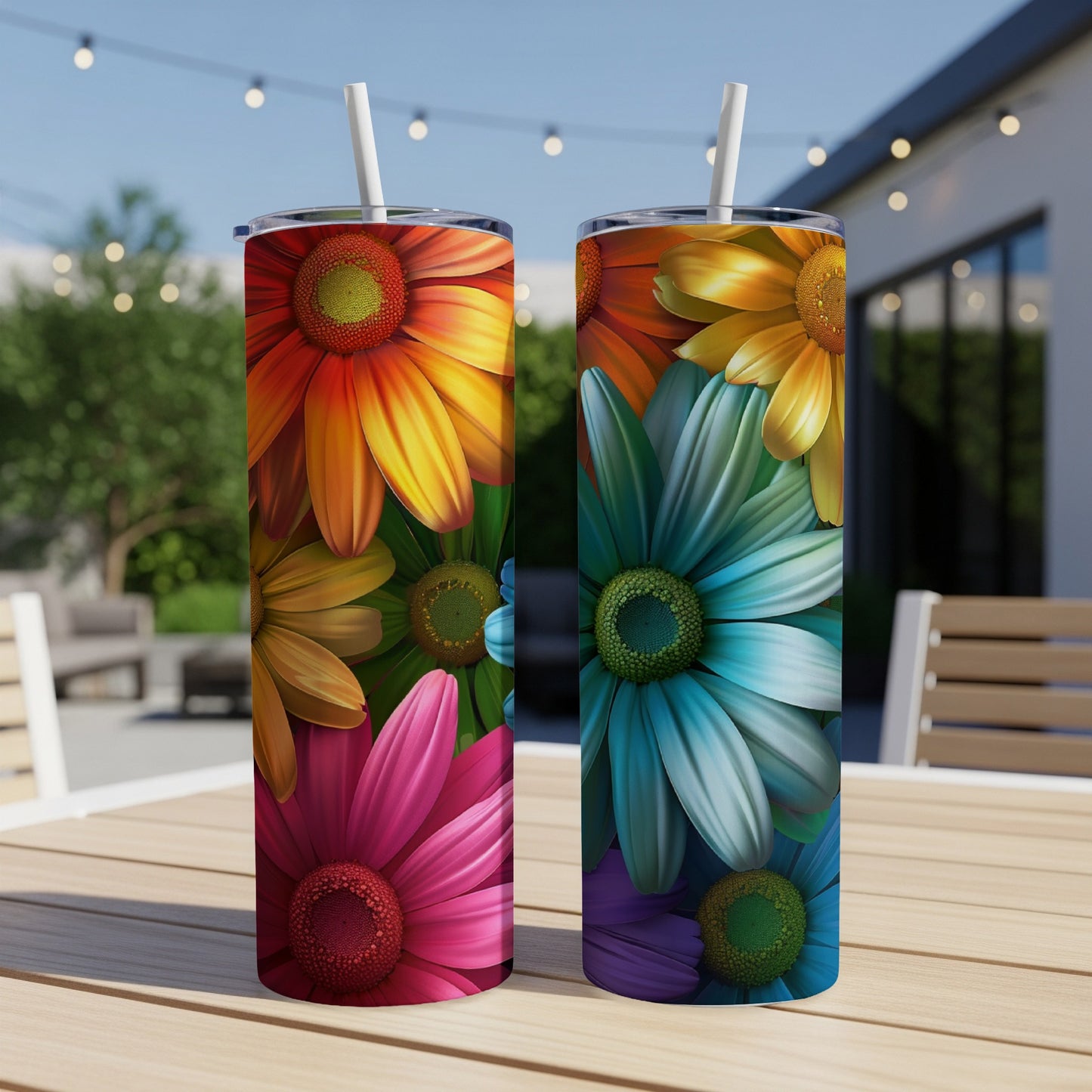 Two colorful floral patterned tumblers with straws on a wooden table.