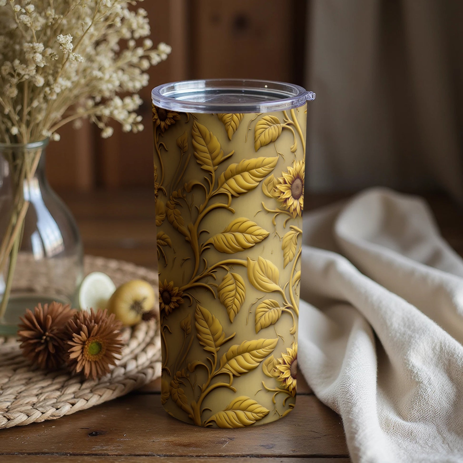 Sunflower Patterned Insulated Tumbler for Hot or Cold Drinks