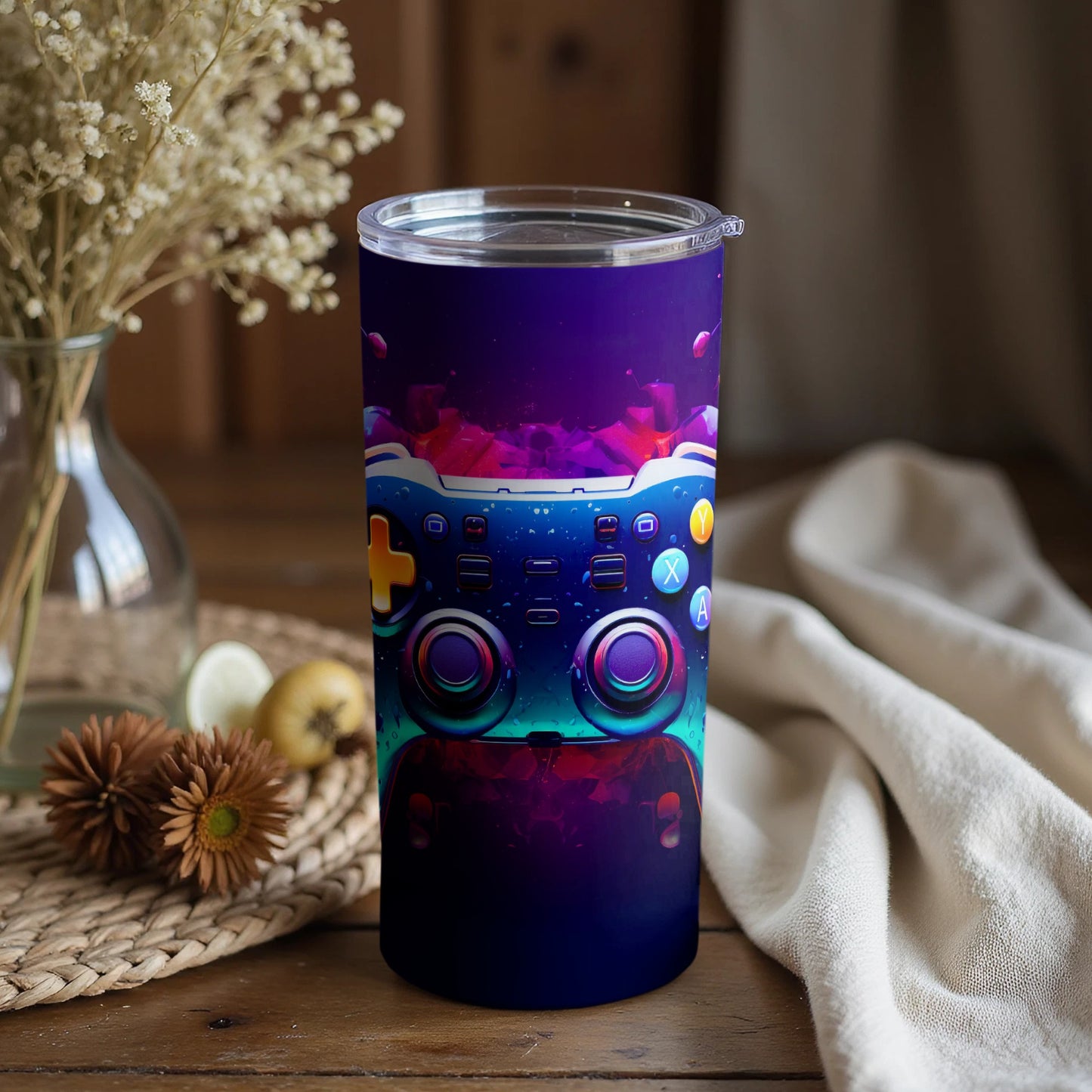 Vibrant gaming controller insulated tumbler for cold drinks