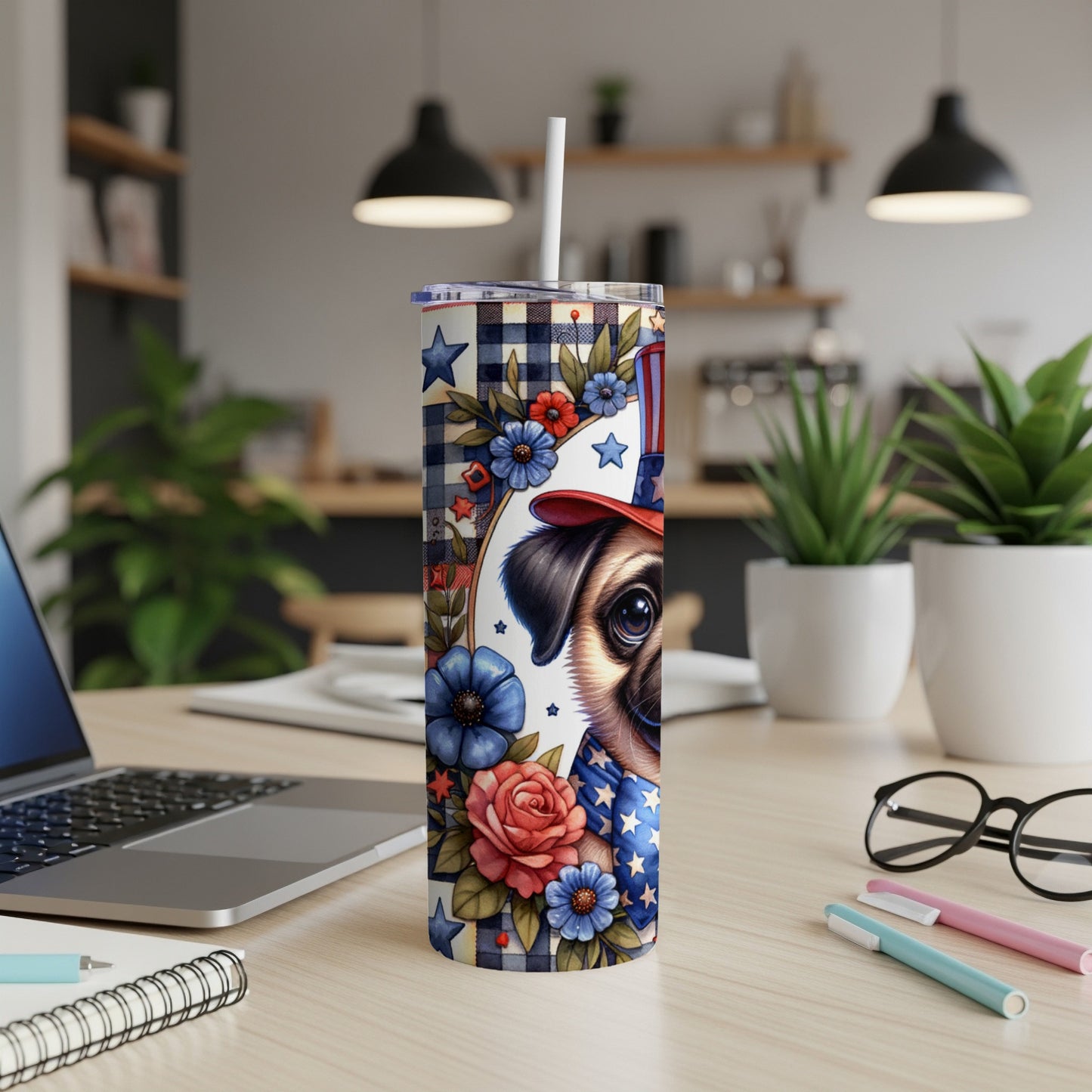 Patriotic pug tumbler with stars, flowers, and red, white, and blue hat.