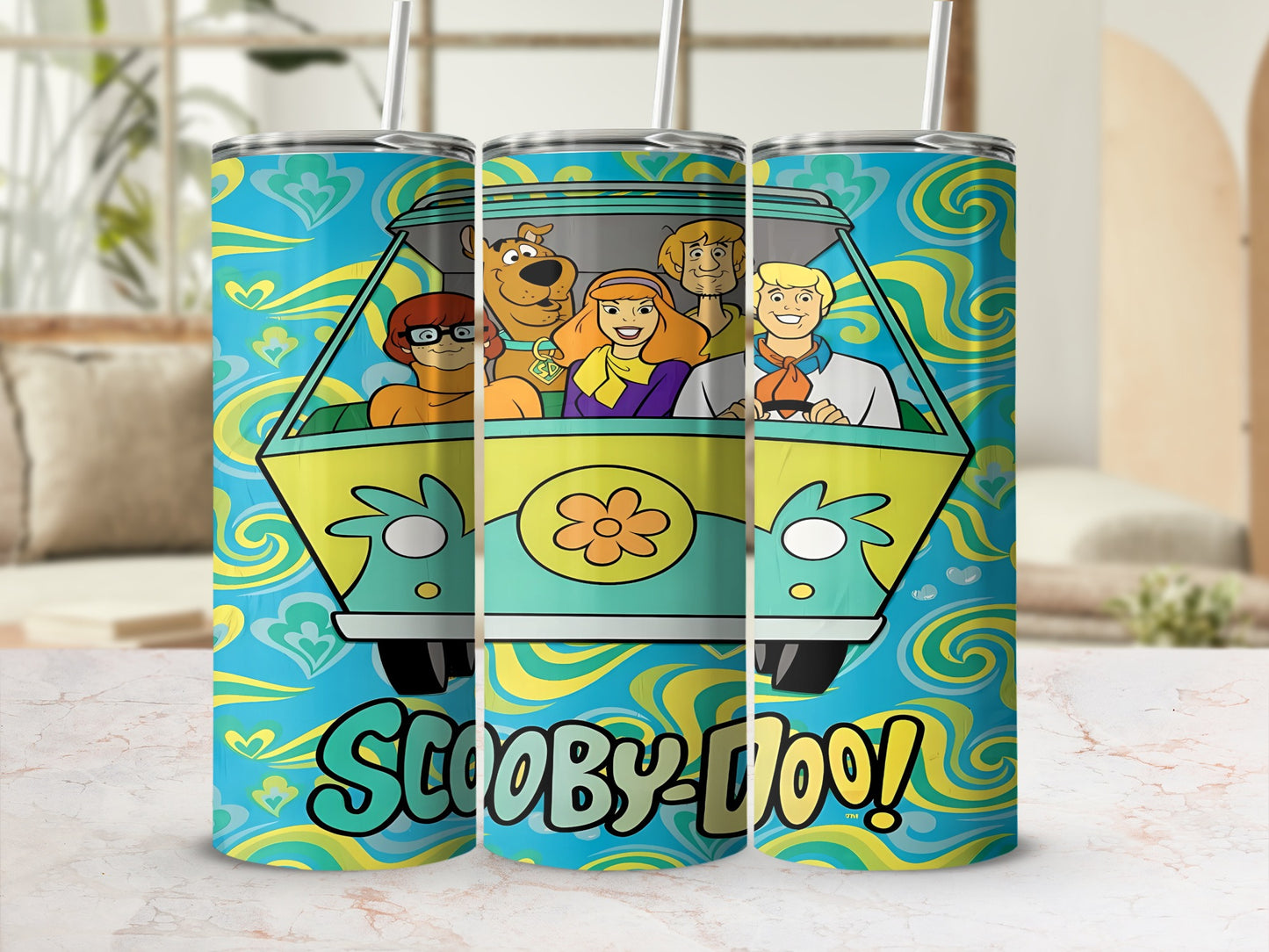 Scooby-Doo characters driving the Mystery Machine, with teal and yellow swirl pattern.