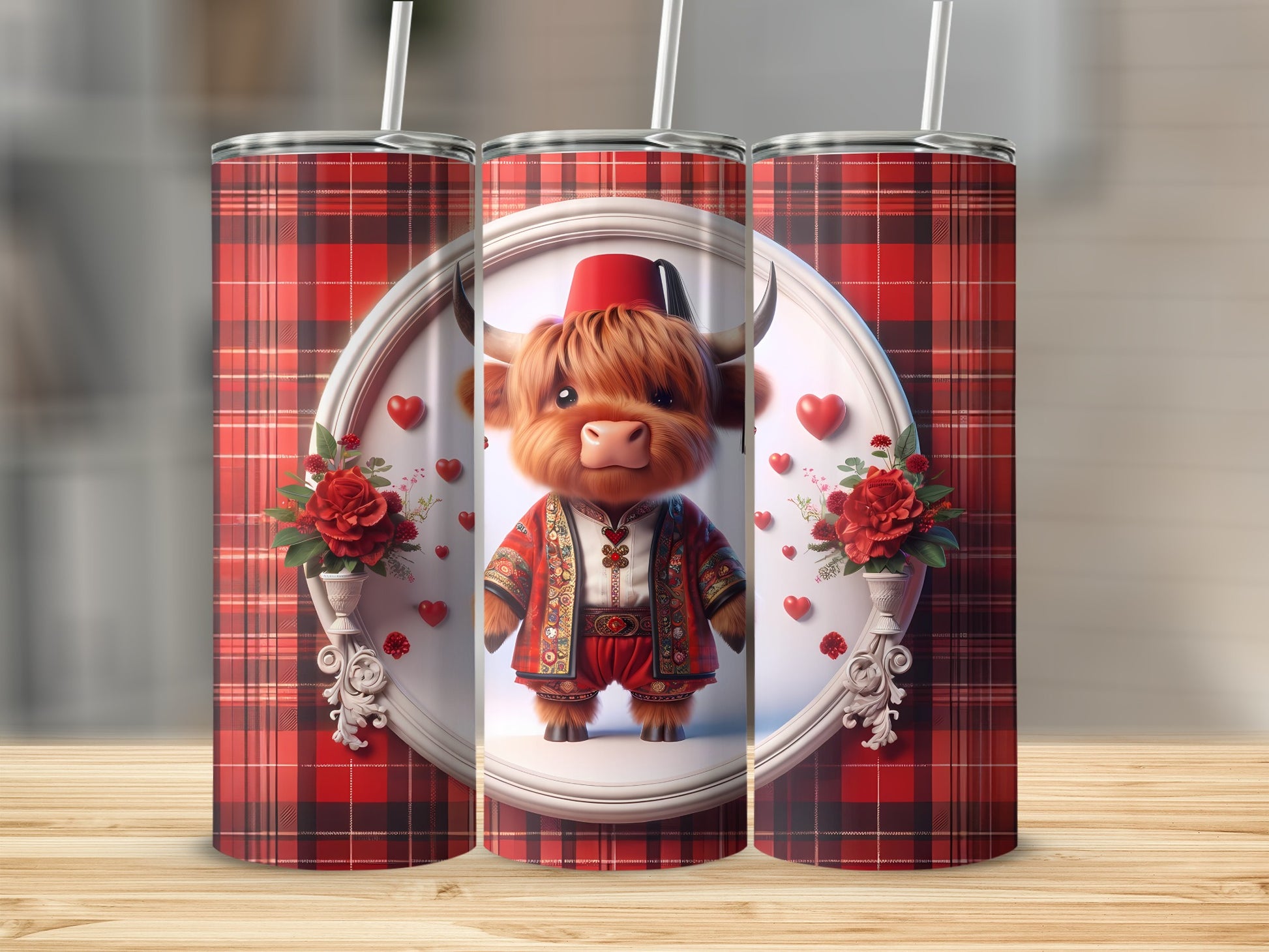 Tartan tumbler with a Highland cow wearing a traditional outfit.