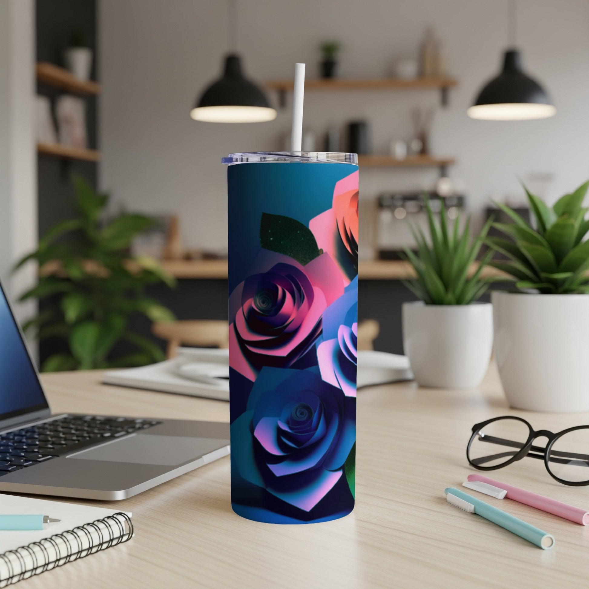 Tall tumbler with colorful abstract roses on a dark background.