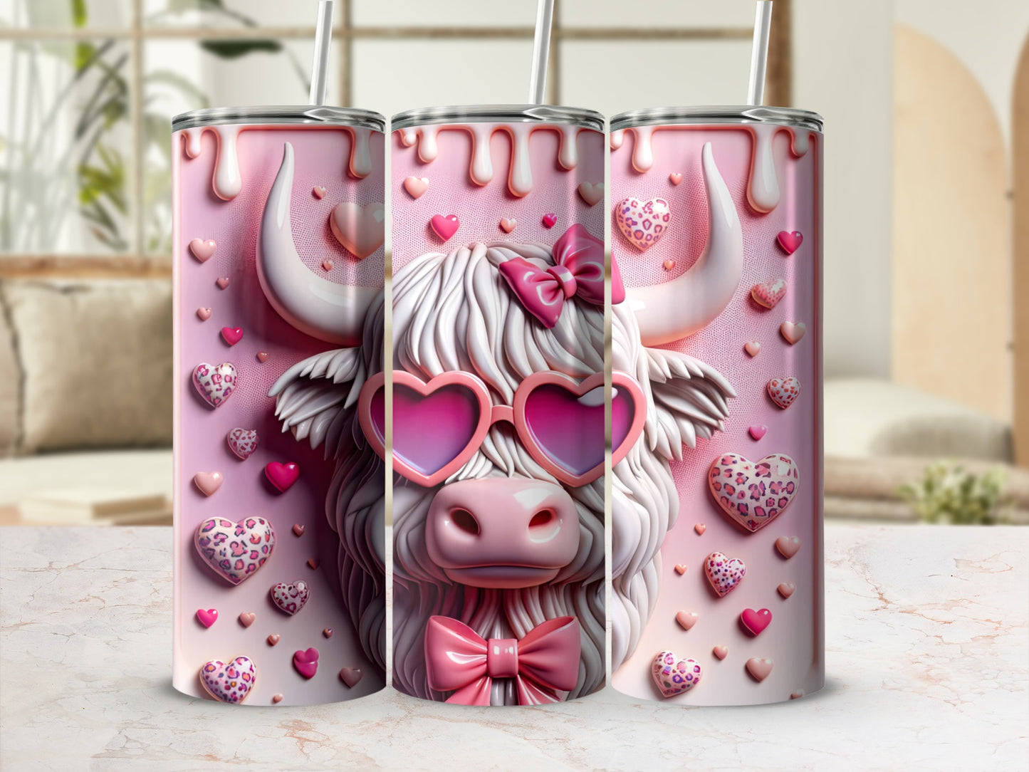 Pink Highland cow with heart sunglasses and bow on a tumbler.