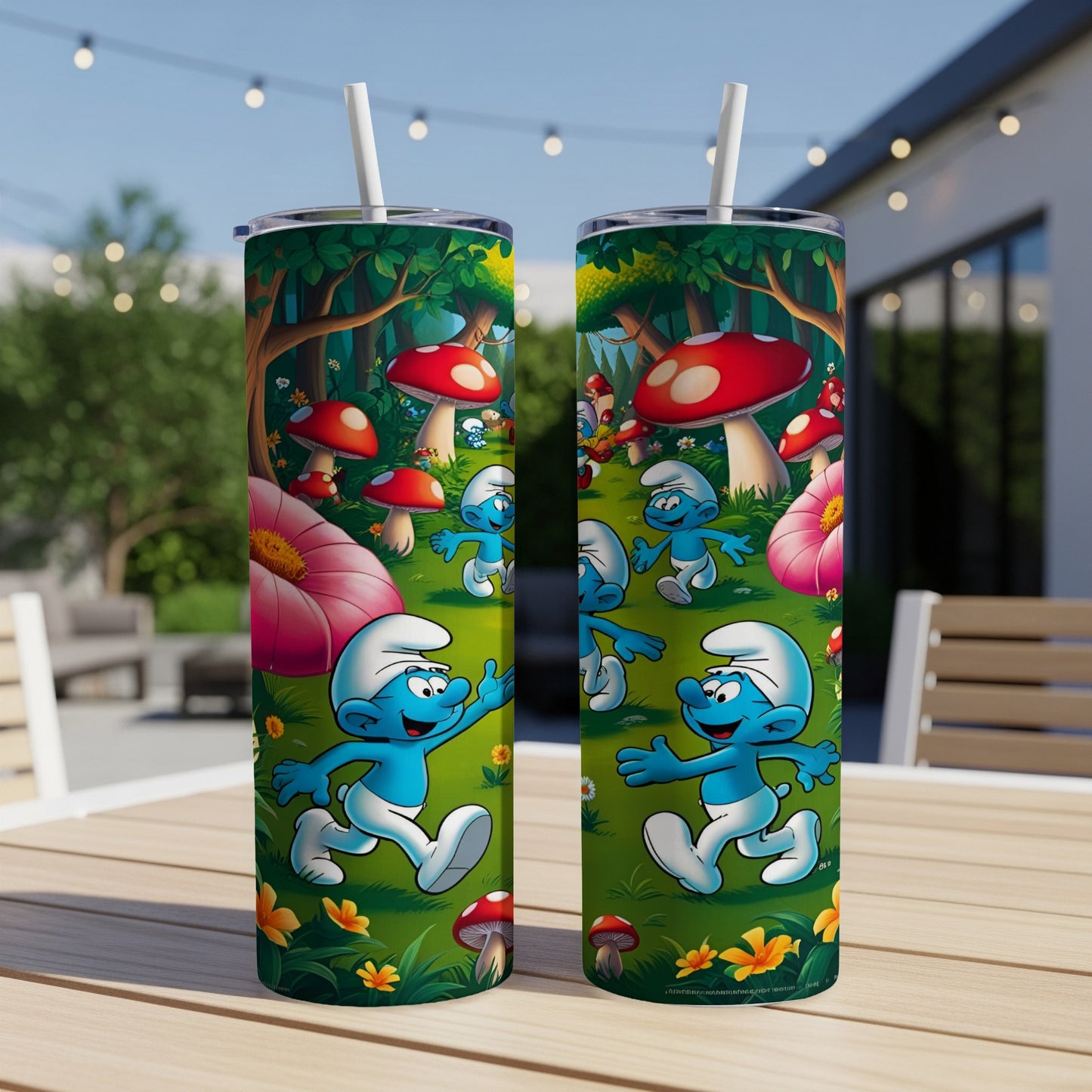 Two Smurf characters in a forest scene on a pair of tall, white tumblers.