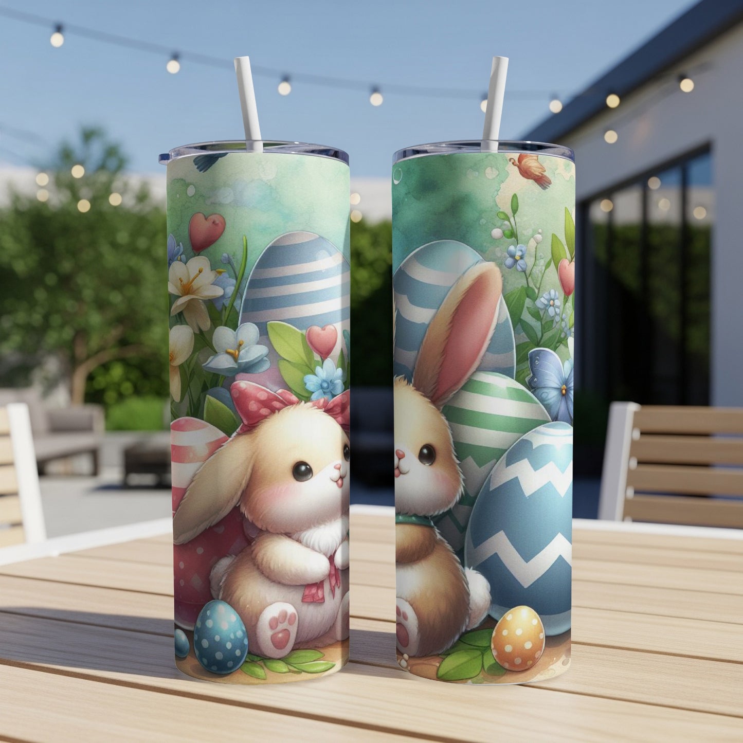 Two Easter bunnies with decorated eggs and flowers on a tumbler.