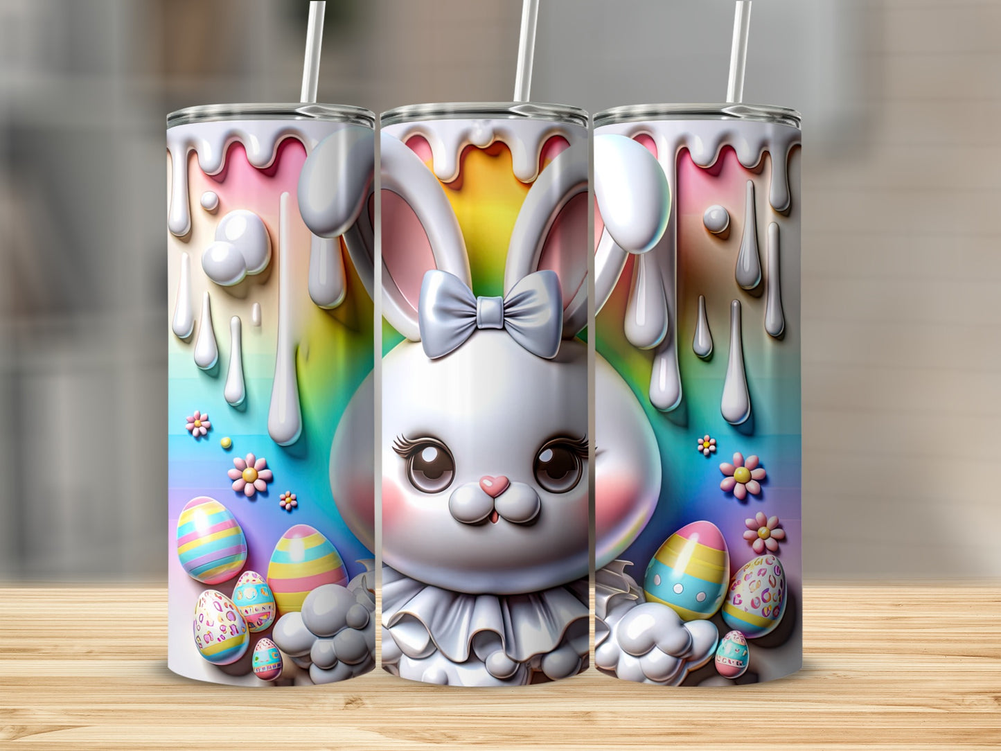 Easter bunny tumbler with colorful eggs and dripping paint design.