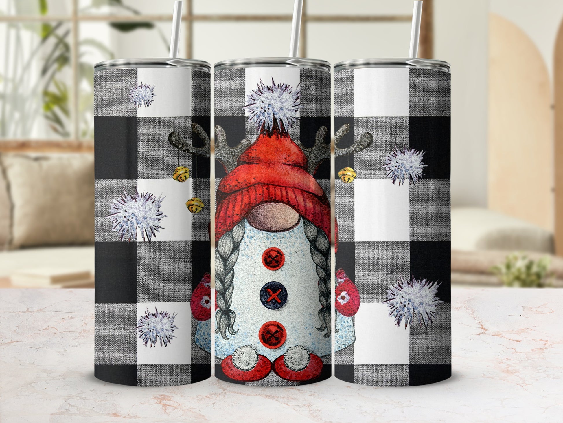 Gnome with reindeer antlers and bells on buffalo plaid background.