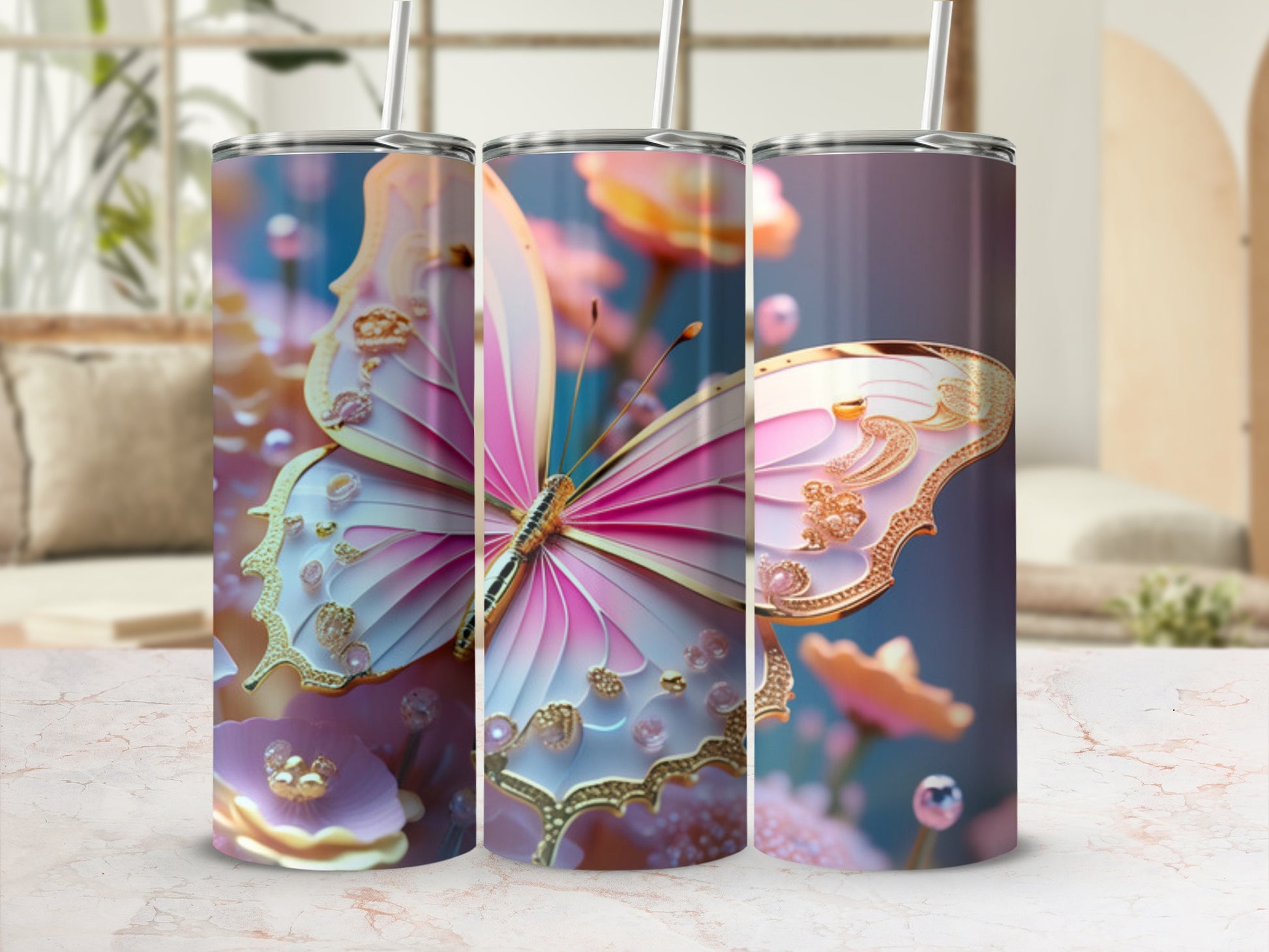 Pink and gold butterfly with floral accents on a patterned tumbler.