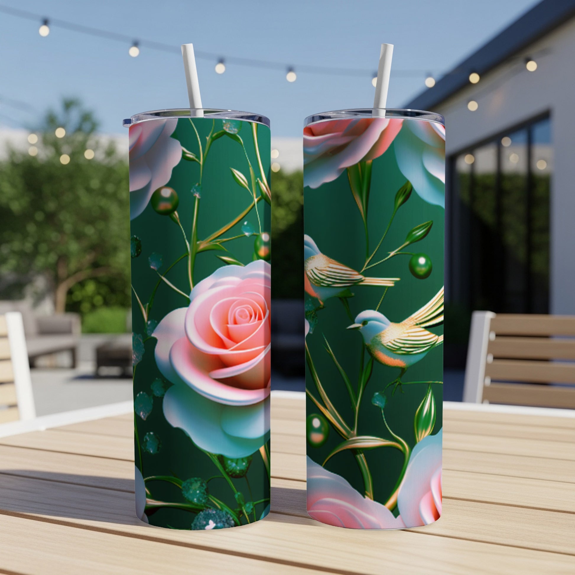 Pink rose and bird floral design on a green tumbler with straw.