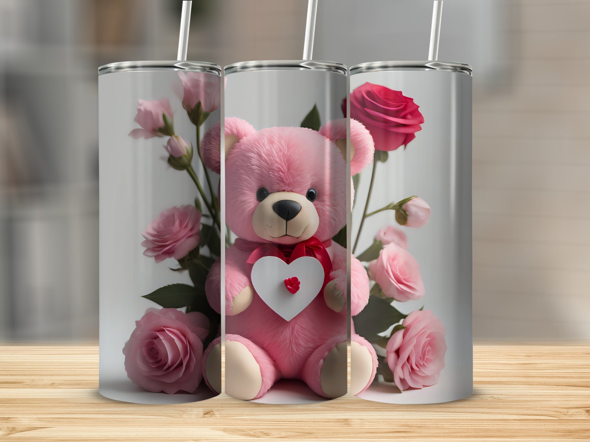Pink Teddy Bear with Roses Design Tumbler Cup