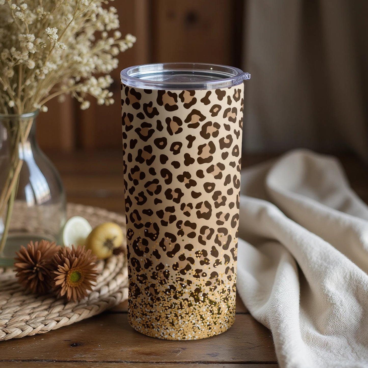 Trendy Leopard Print Tumbler with Glitter Effect Tumbler